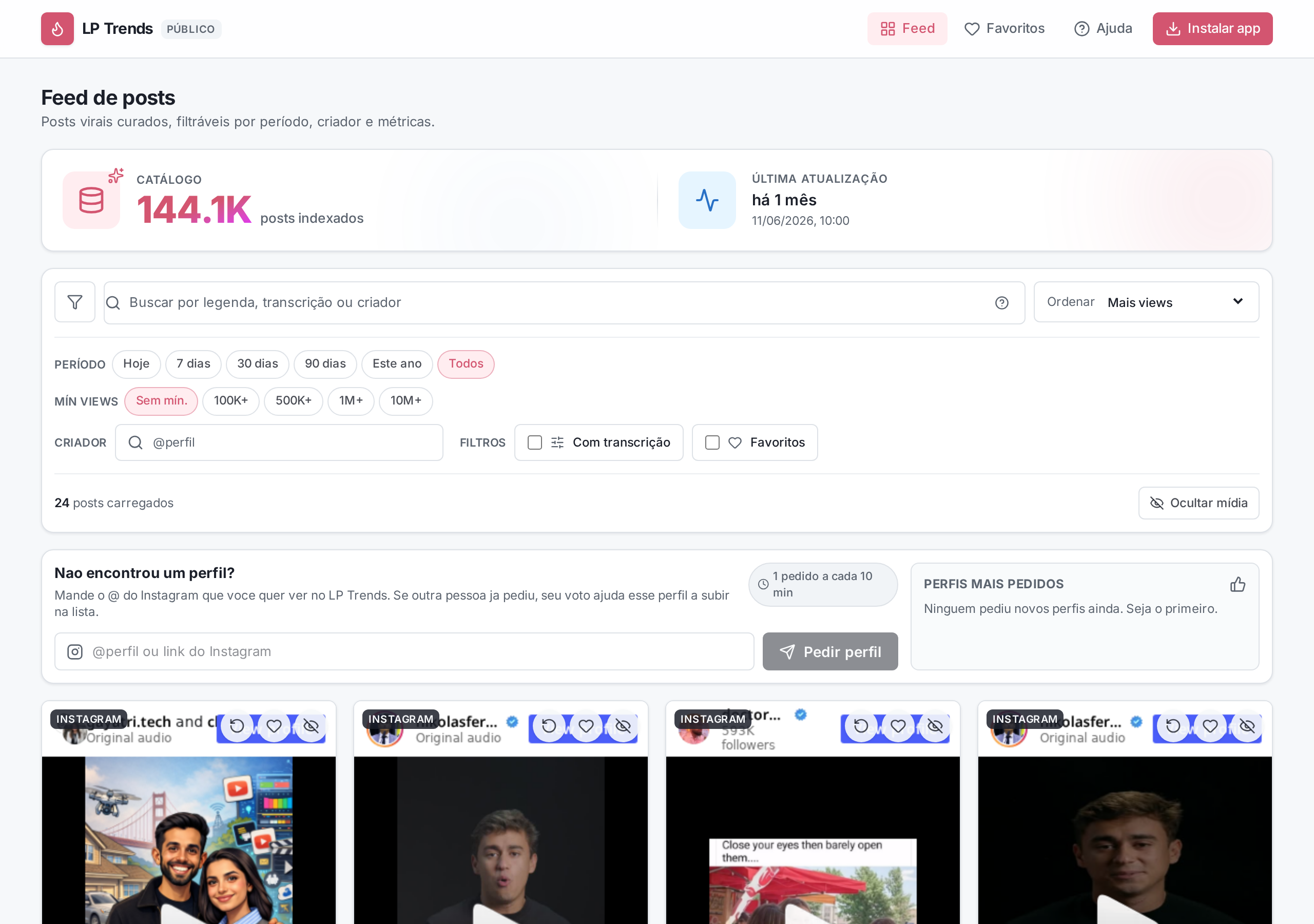 Visão geral do Feed com card de catálogo, filtros e cards de posts.