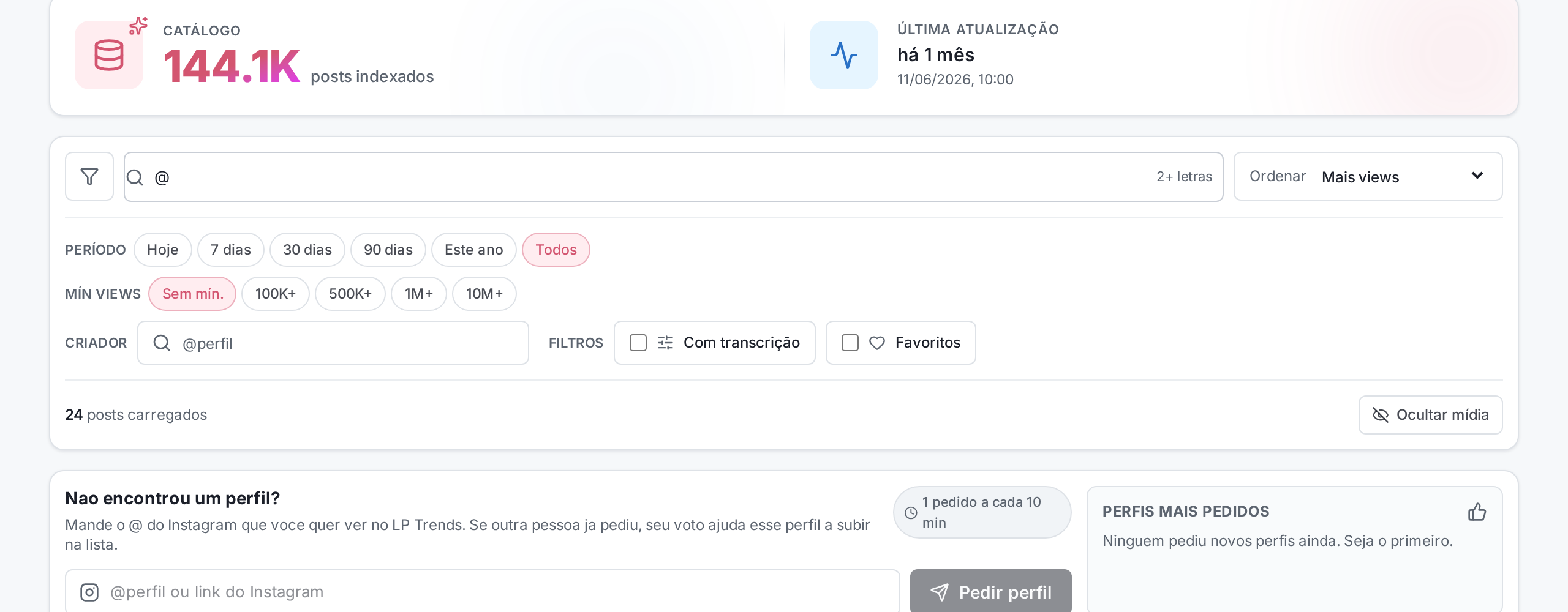 Barra de busca com @ digitado e a dica 2+ letras à direita.