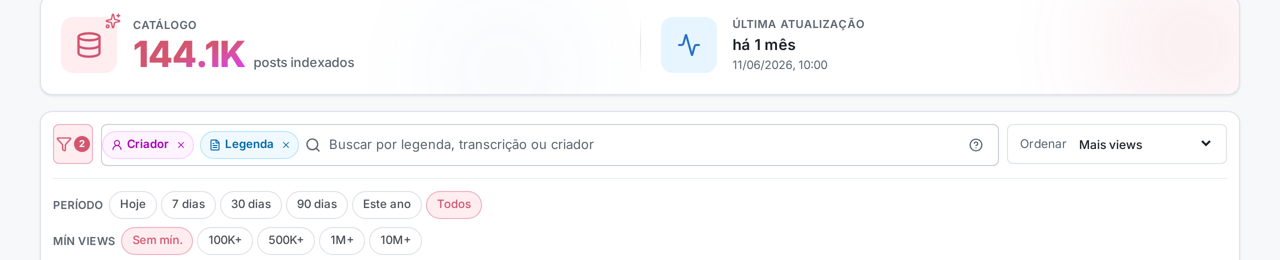 Barra de busca com os chips Criador e Legenda aplicados.